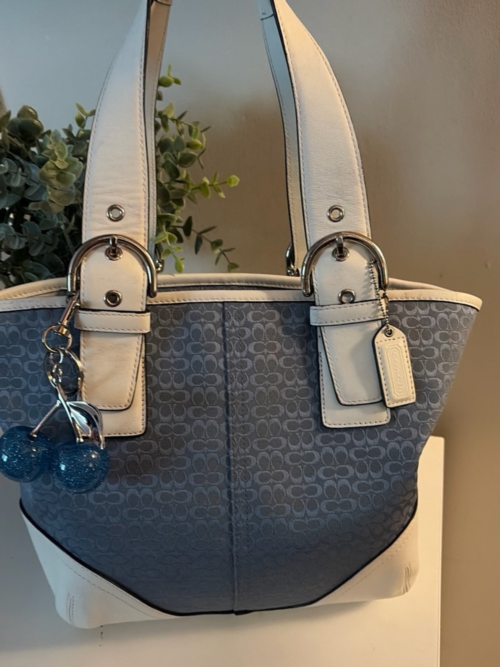 Coach Blue Signature Canvas and White Leather Shoulder Bag